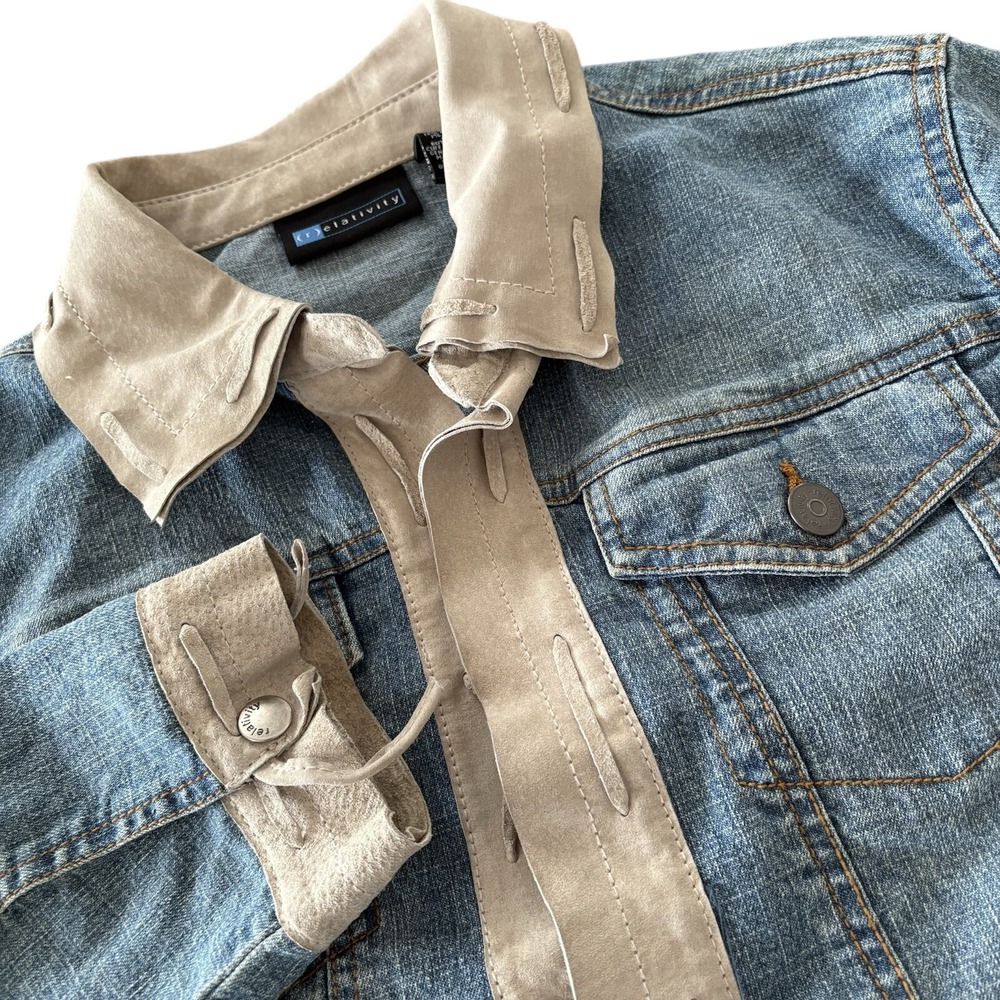 Western Denim Leather Jacket‎ Womens Petite Large PL Blue Remie Cropped Stretch
